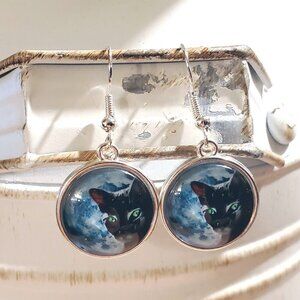 Black Cat Blue Full Moon Silver Plated Glass Cabochon Kitty Kitten Earrings